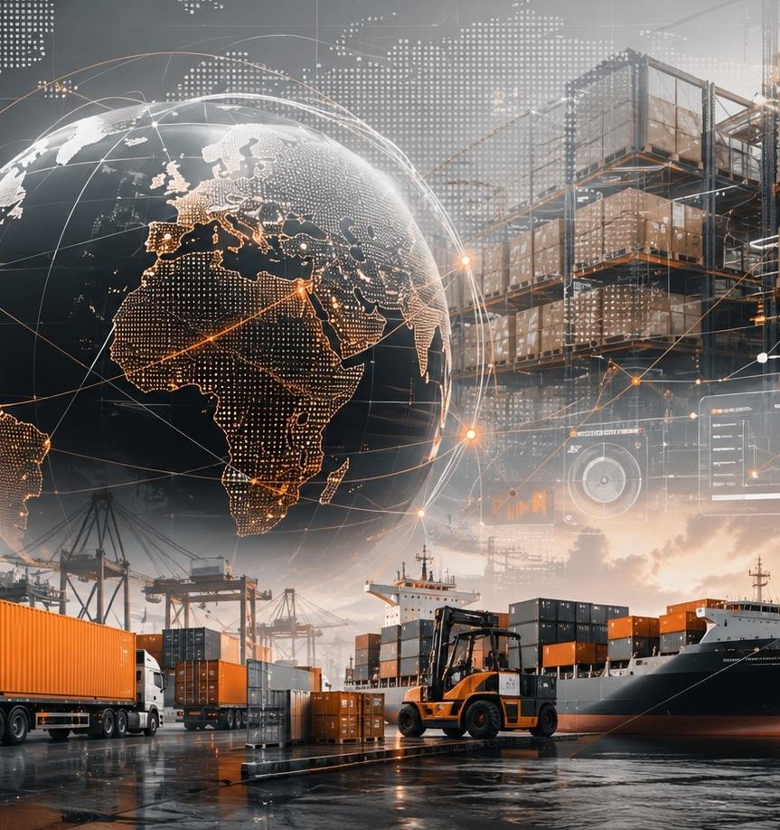 Global logistics network graphic over a shipping container yard