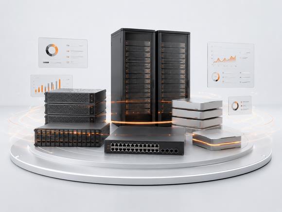 Enterprise servers, storage arrays and a network switch staged together as a server and data platform supply.